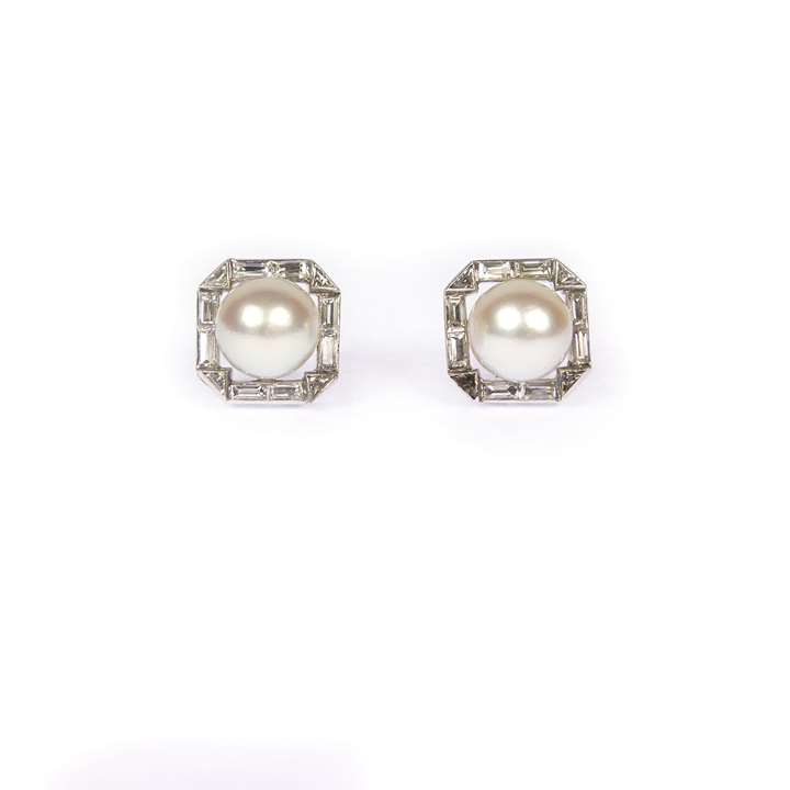 Pair of cream pearl and diamond cluster stud earrings
